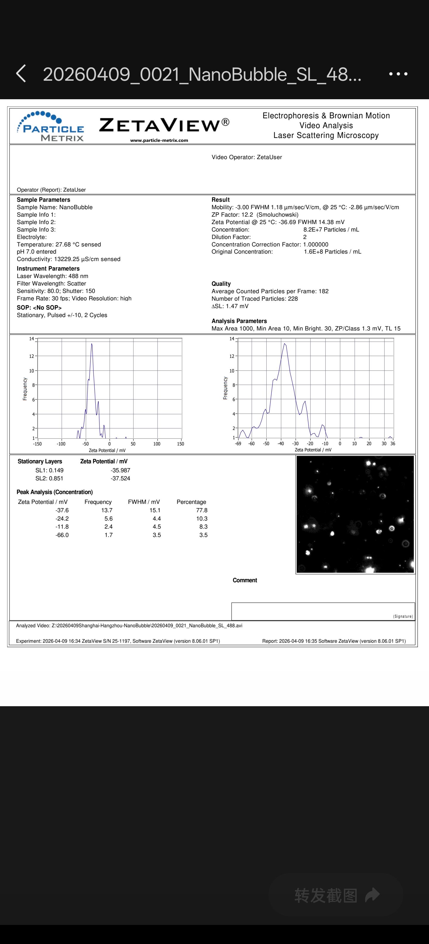 ZetaView 检测报告：X50 约 170.9 nm、浓度 1.6×10⁸ 个/mL、Zeta 电位 -36.69 mV（2026-04-09 高盐工况）